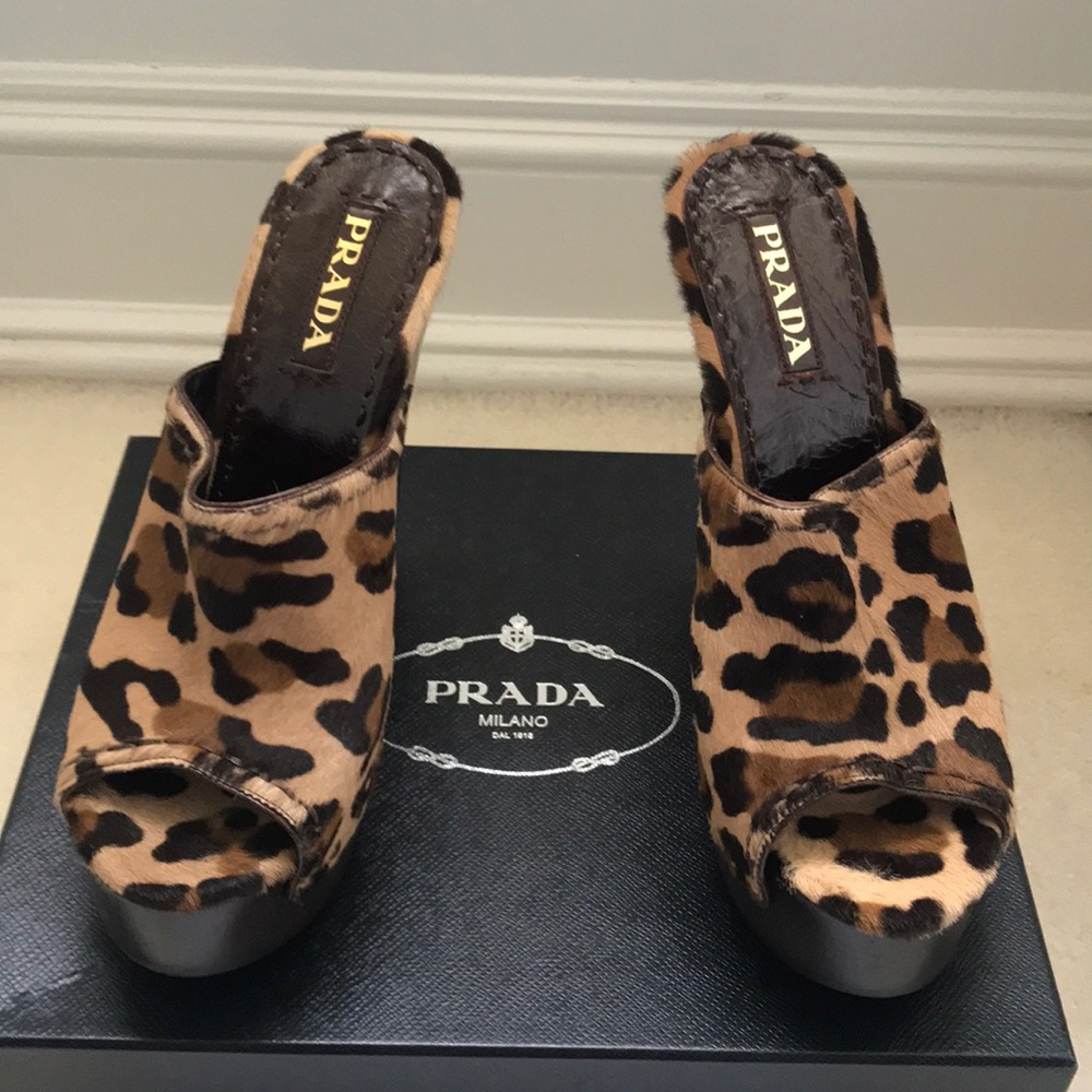 Prada animal print fur high heel open toe clogs